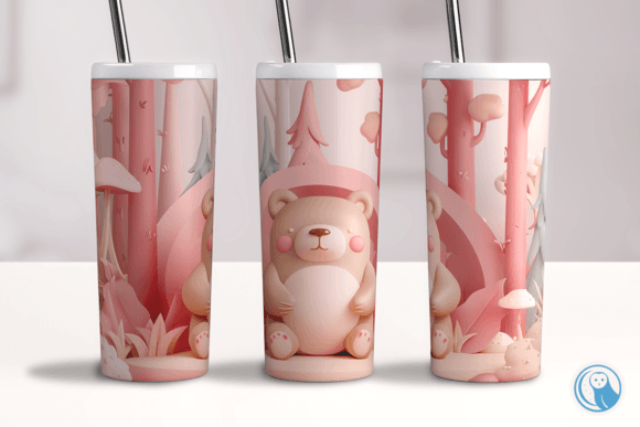 20oz Tumbler Wrap 3D Pink Forest Bear: Elevate Your Drinkware with Whimsical Design